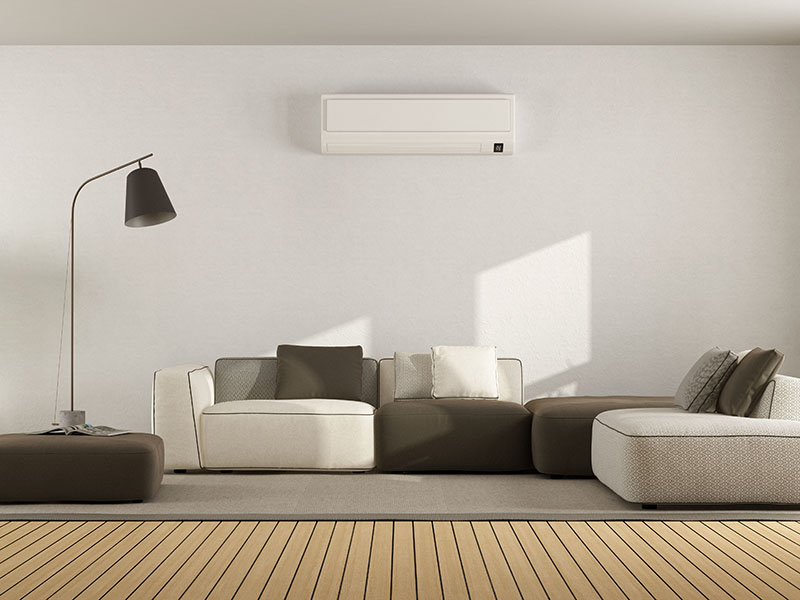 Living room with sofa and air conditioner Minimalist living room with sofa and mini split system